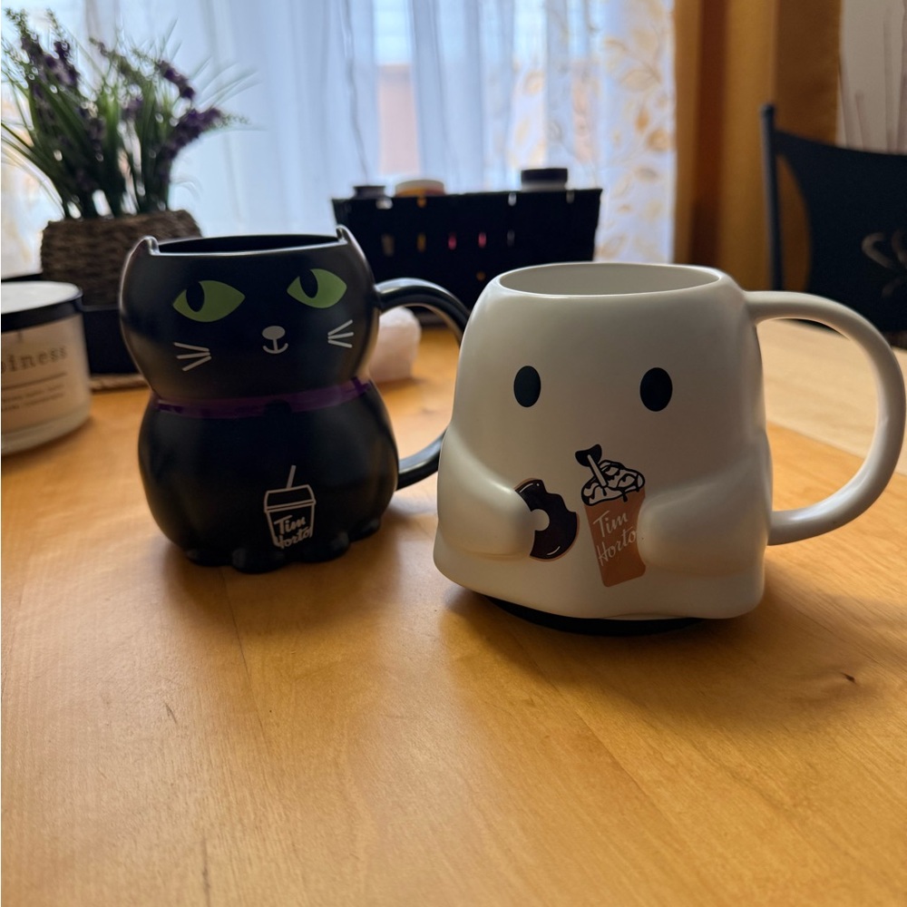 Tim Hortons Black Cat and Ghost Mugs